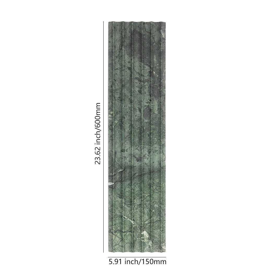 Green marble fluted tile showing 150mm by 600mm size