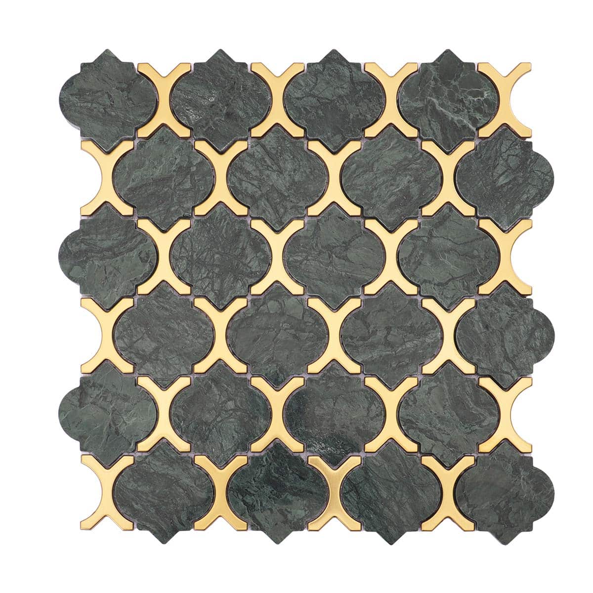 Glossy green marble mosaic with gold stainless arabesque design