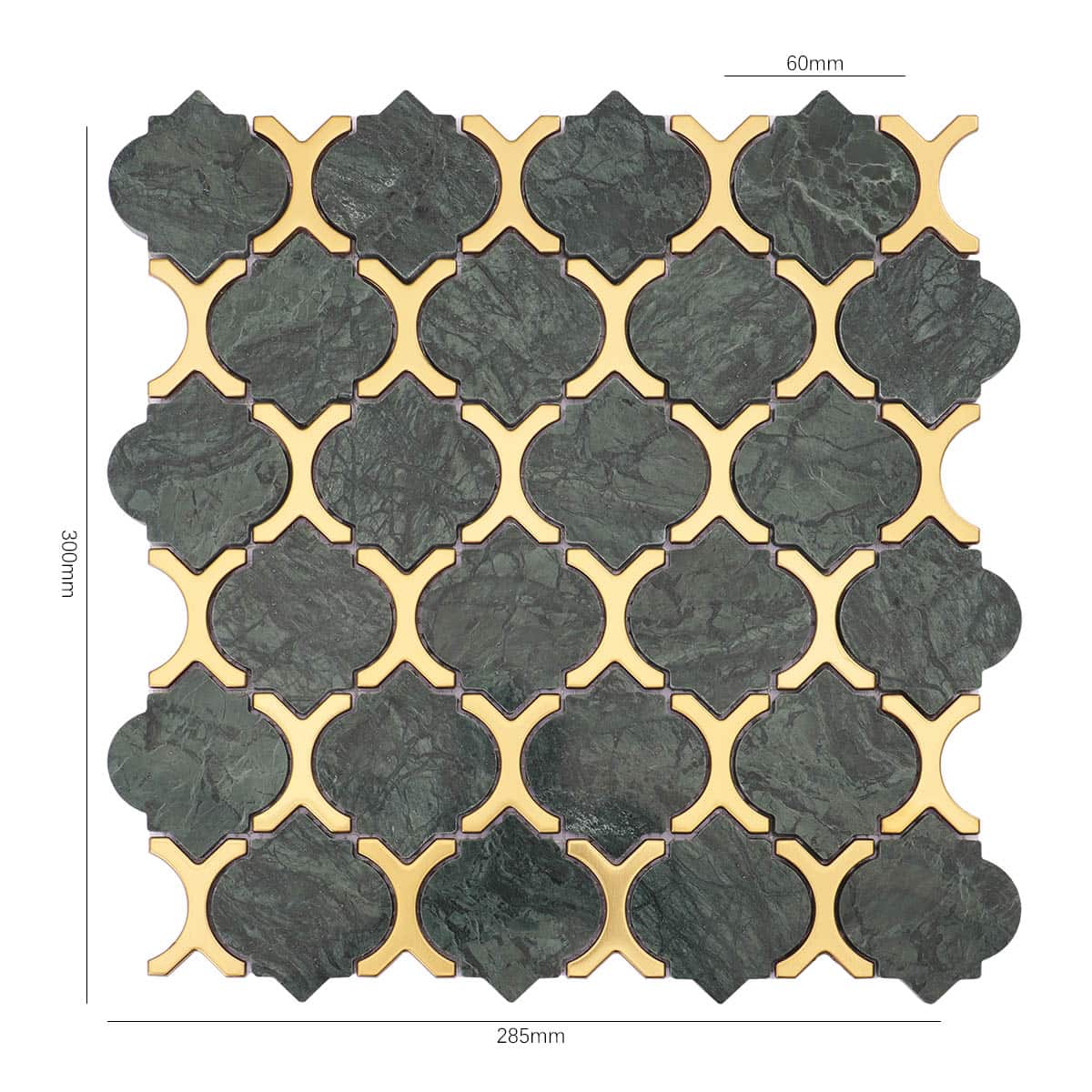 Green marble and gold stainless mosaic tile sheet in arabesque shape
