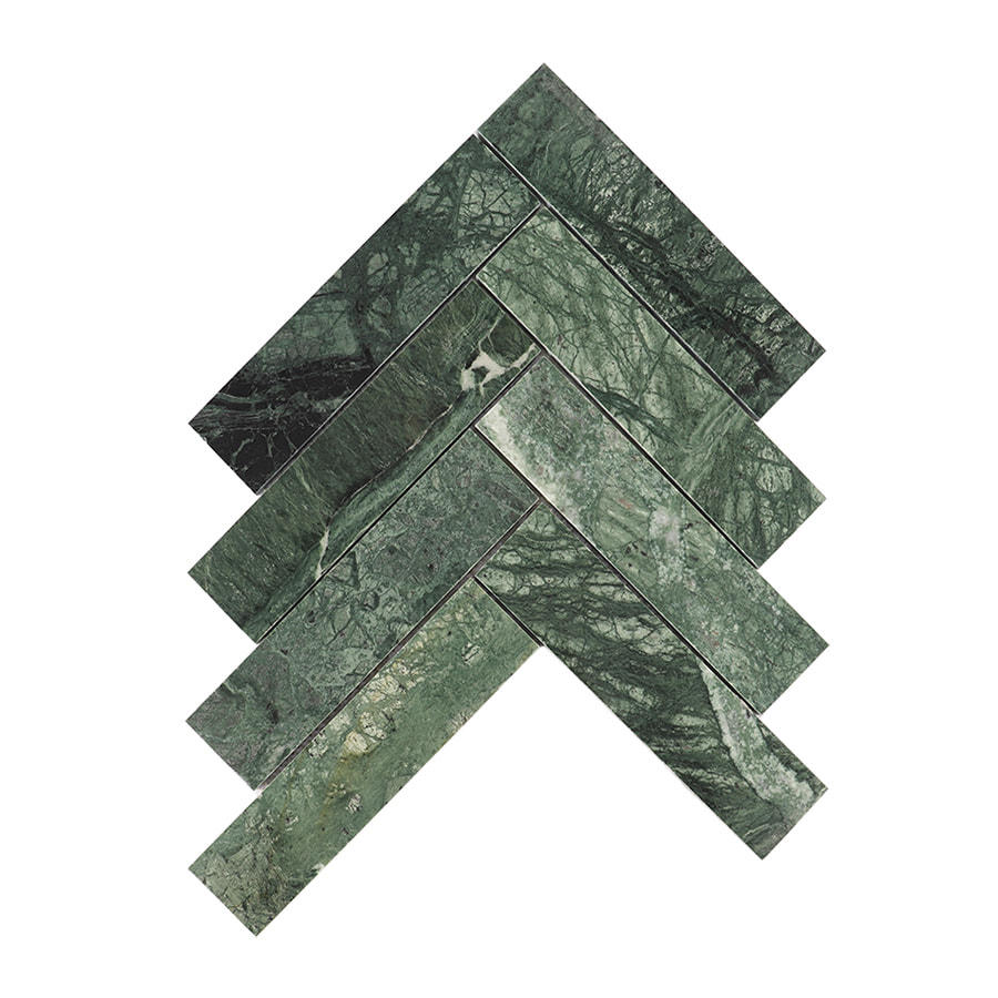 Full sheet of green marble herringbone mosaic tile
