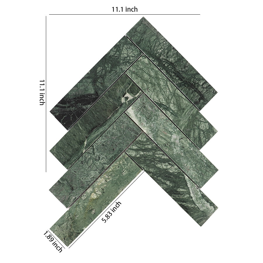 Green marble herringbone tile sheet with size measurements