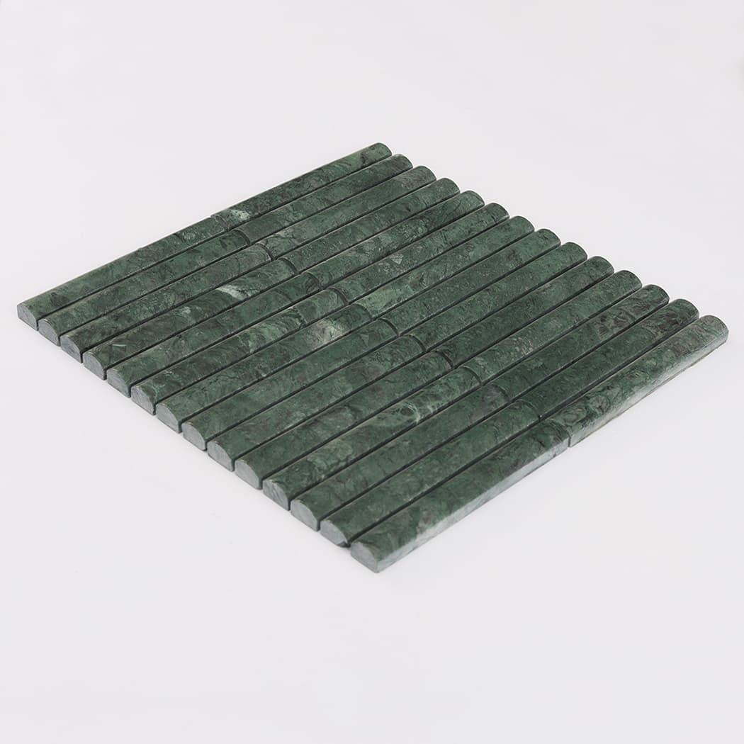 Perspective view of a green marble kit kat mosaic tile sheet on a white background