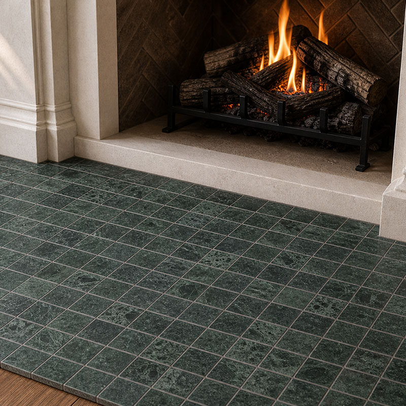Green marble mosaic floor tiles in front of a classic fireplace hearth