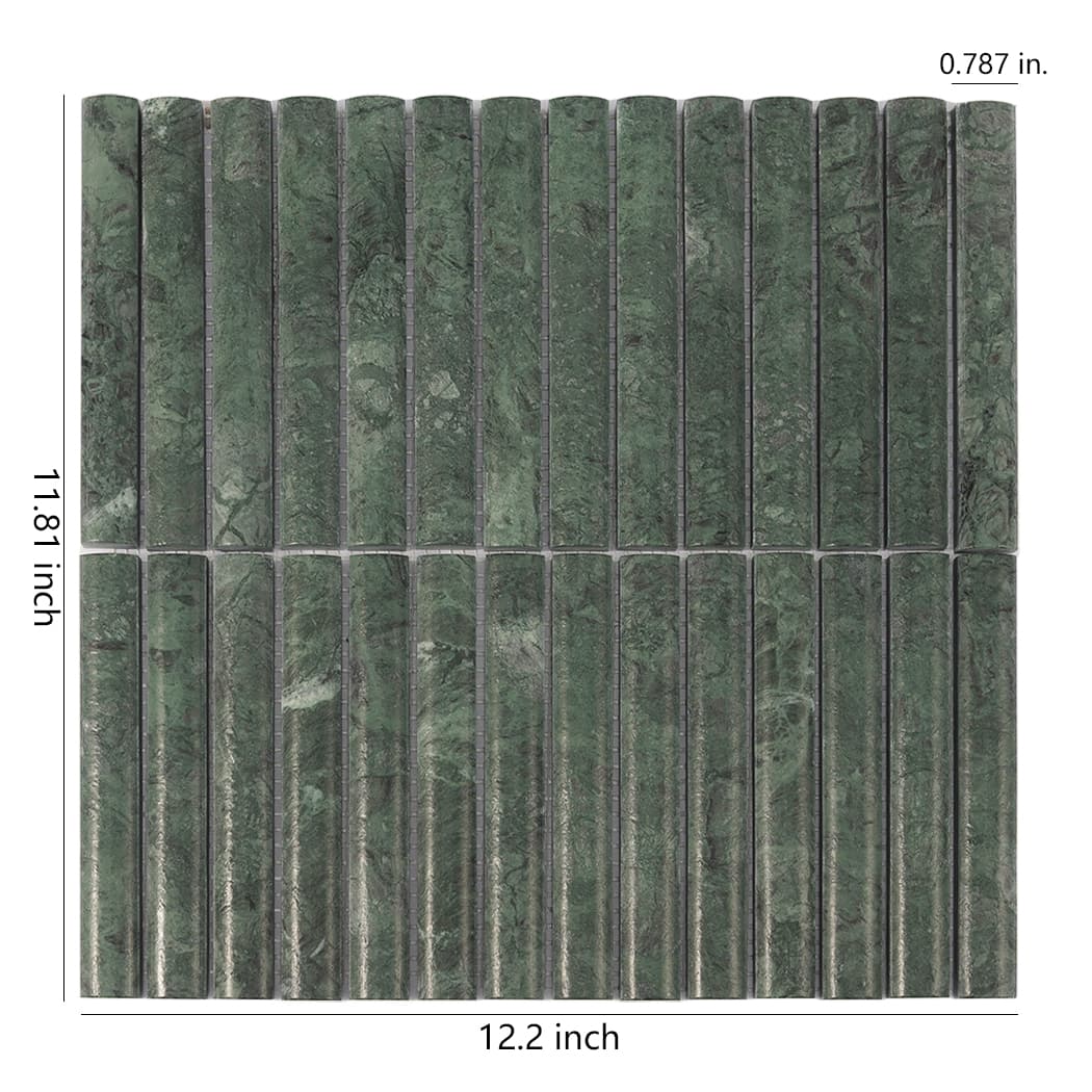 Top view of green marble pencil mosaic tile with 12.2 by 11.81 inch dimensions.