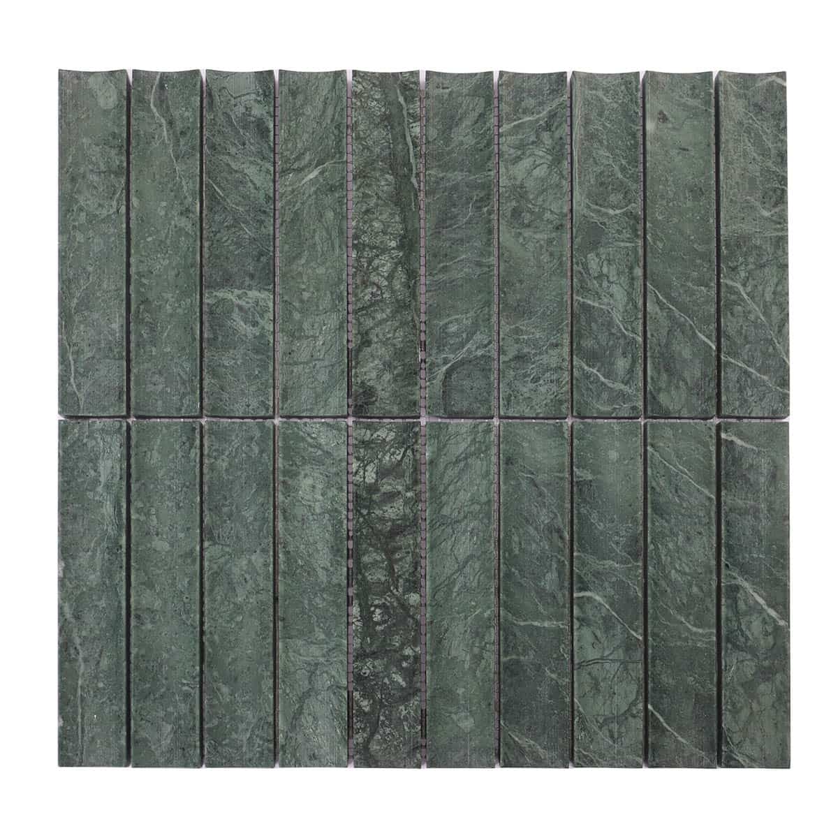 Front view of green marble stick mosaic tile sheet
