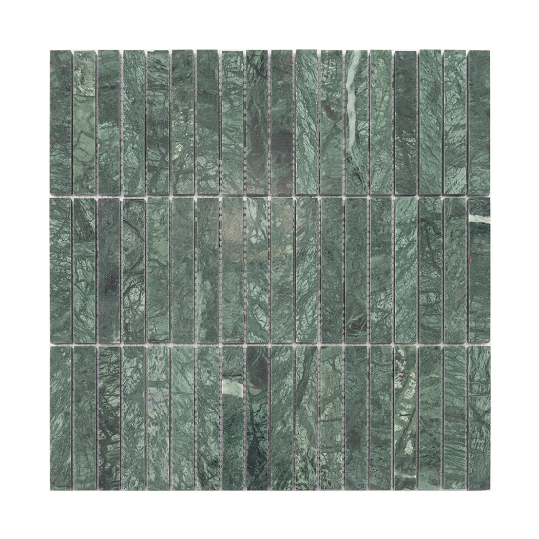 Full sheet view of green marble vertical strip mosaic tile