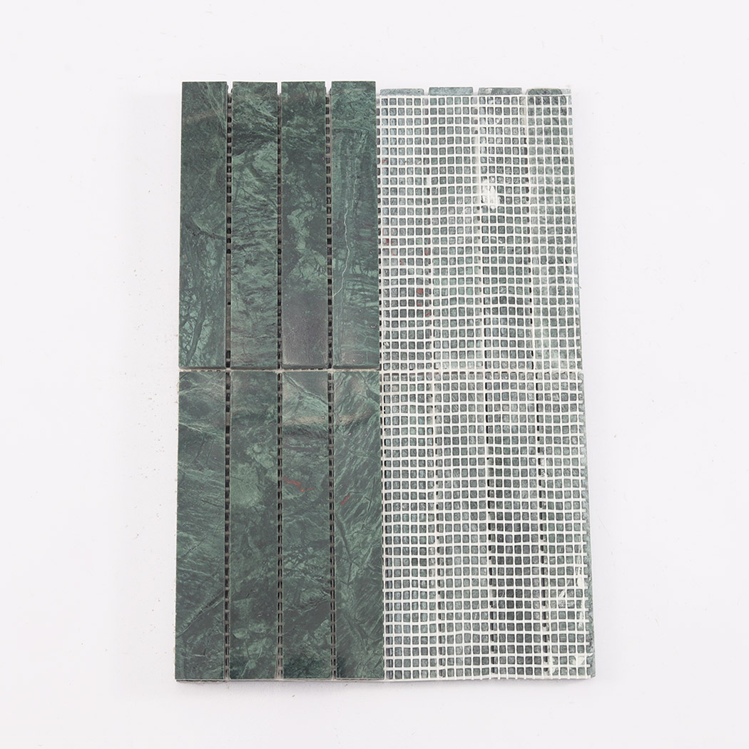 Back view of green marble wide vertical strip tile with mesh backing