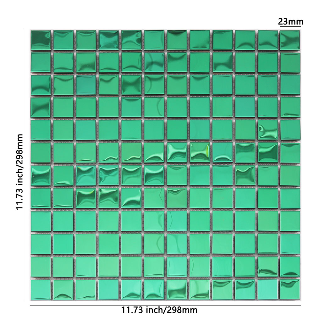 Green 3D metal mosaic tile showing 11.73 inch sheet size and 23mm small squares.