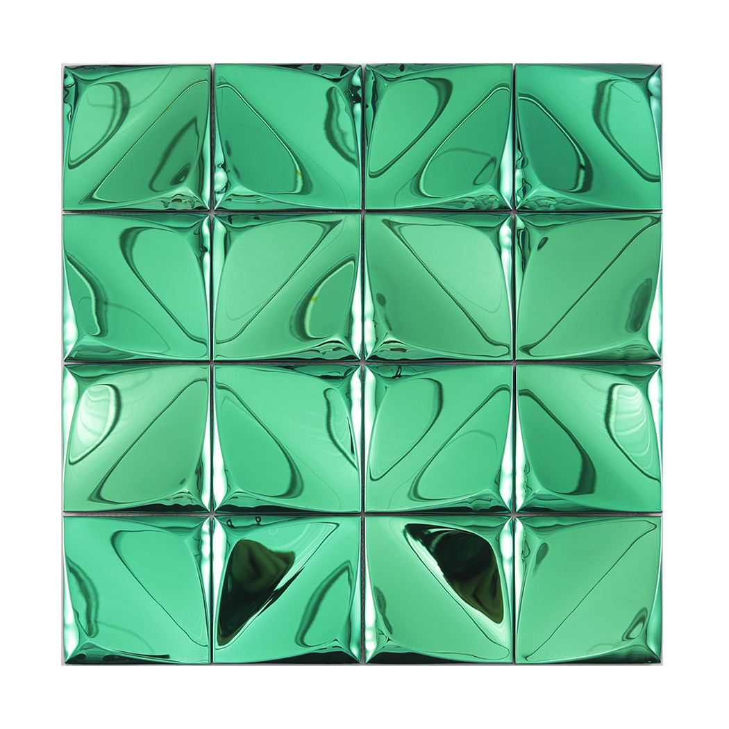 A square green metal wall tile mosaic featuring a 3D geometric pattern and reflective finish.