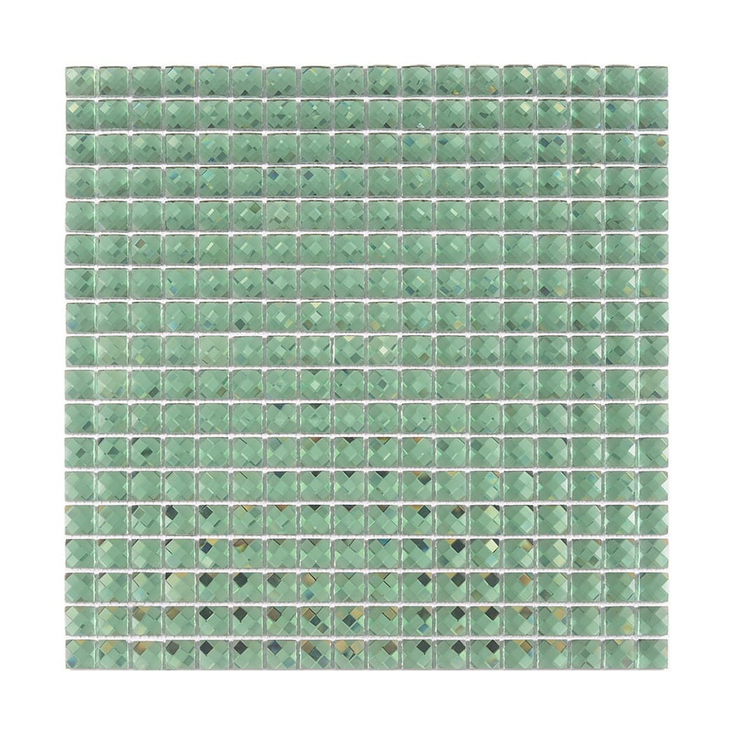 Front view of a full sheet of reflective green square mirror glass mosaic tiles.