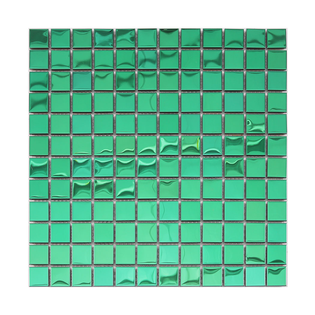 A full sheet of green mirror finish metal mosaic tiles with small 3D square patterns.