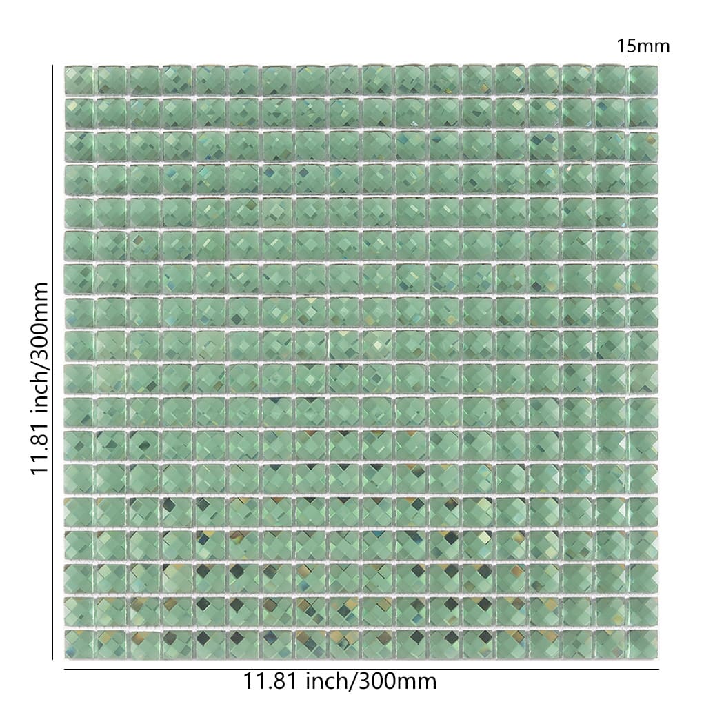Green square mirror glass mosaic tile sheet with dimensions 11.81 inches by 300mm.