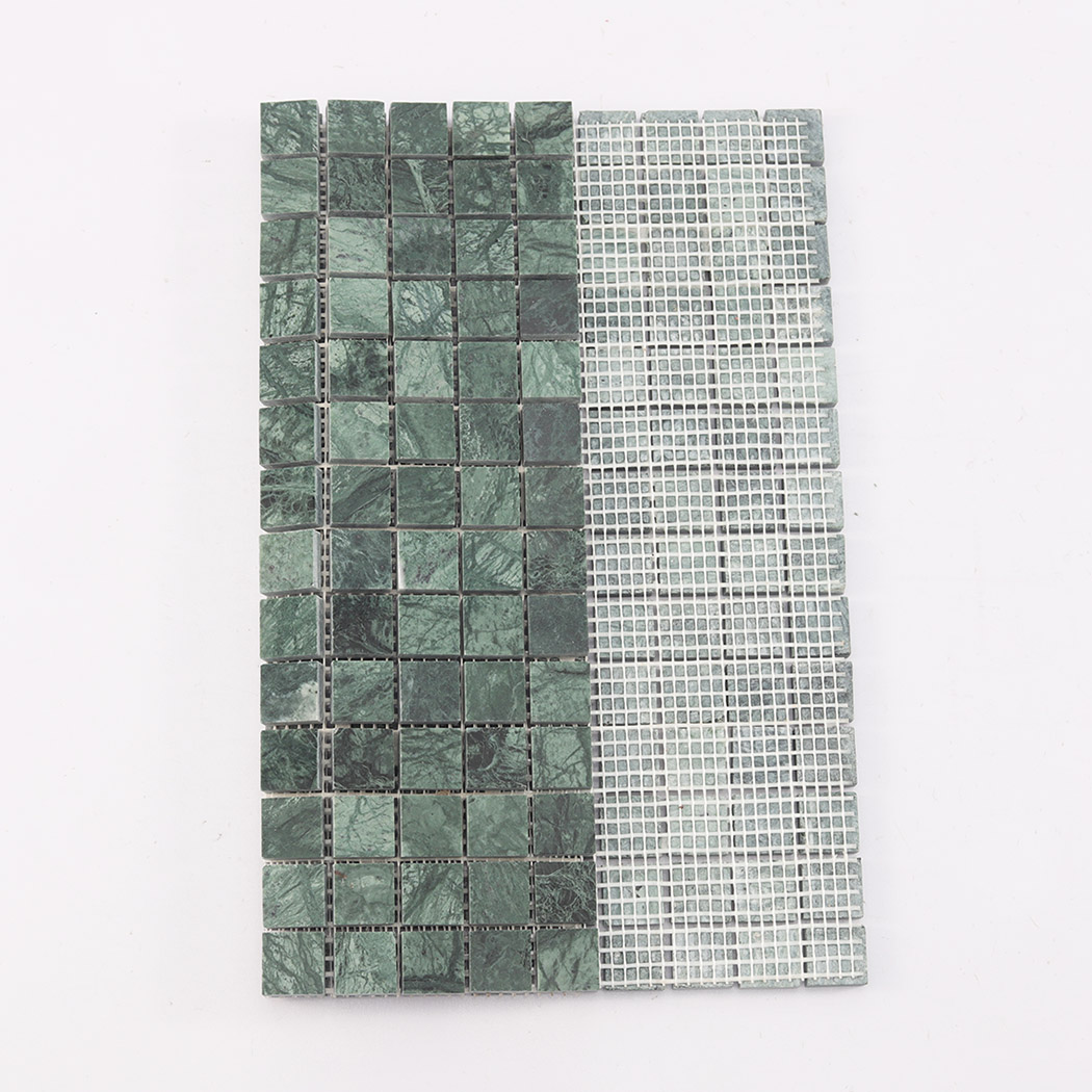Back view of green square marble mosaic tile showing mesh mounted backing