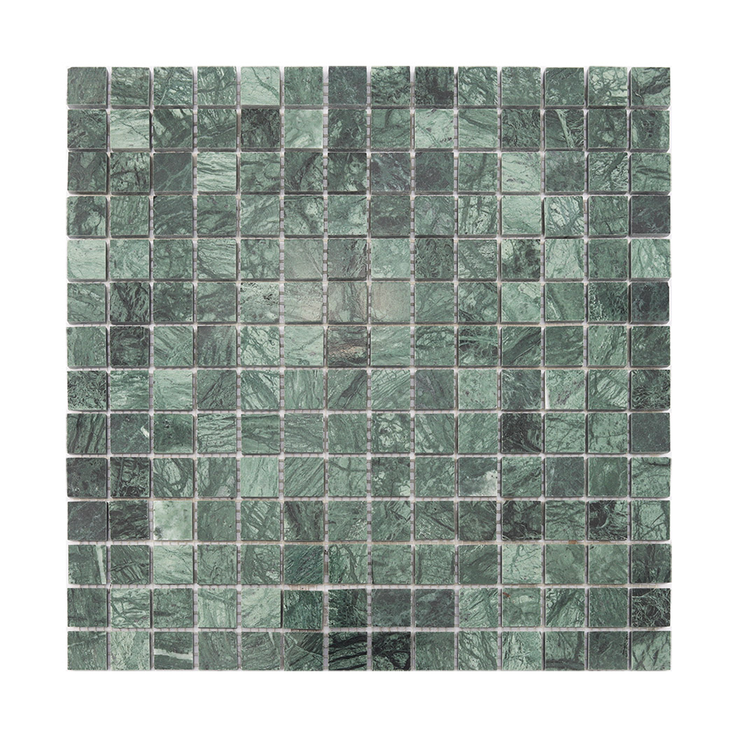 Full sheet of green square marble mosaic tile with natural dark veining