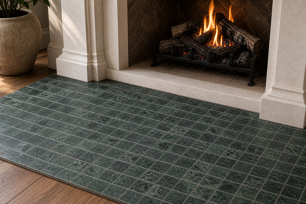 Green square stone fireplace floor tiles with natural veining and warm firelight