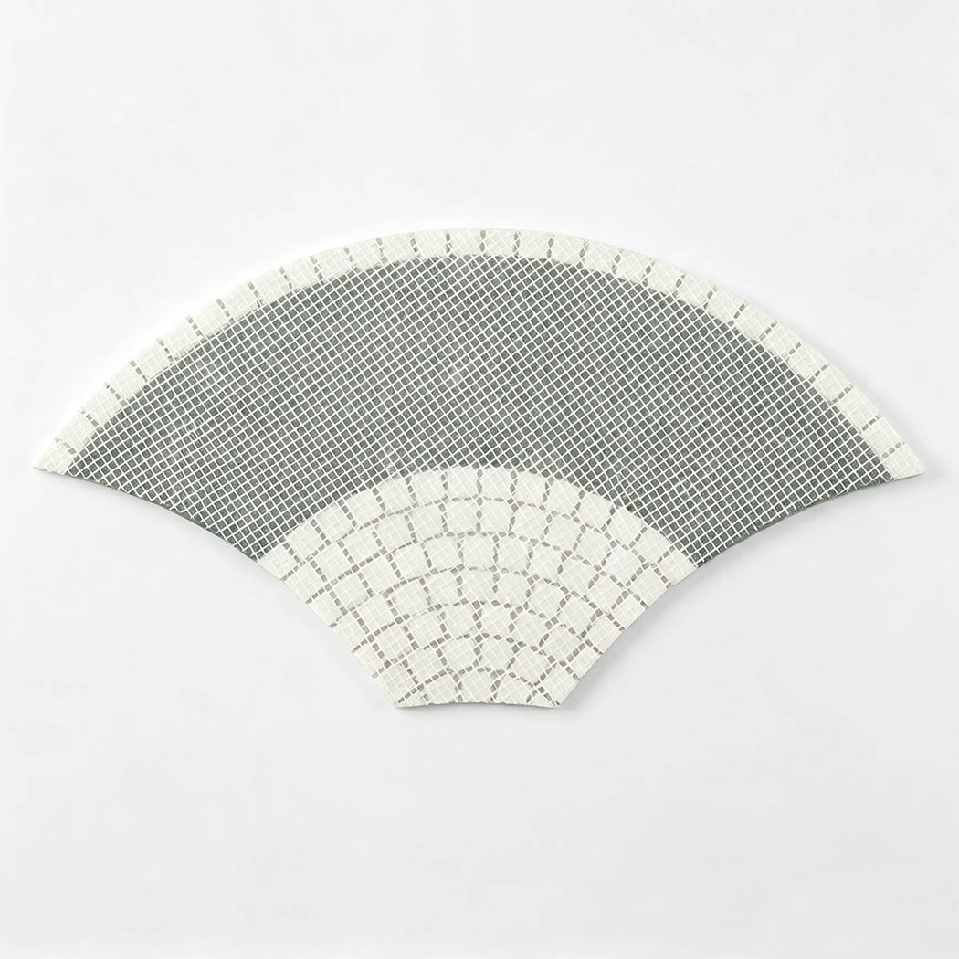 Back view of green and white fan shaped marble mosaic tile with mesh backing