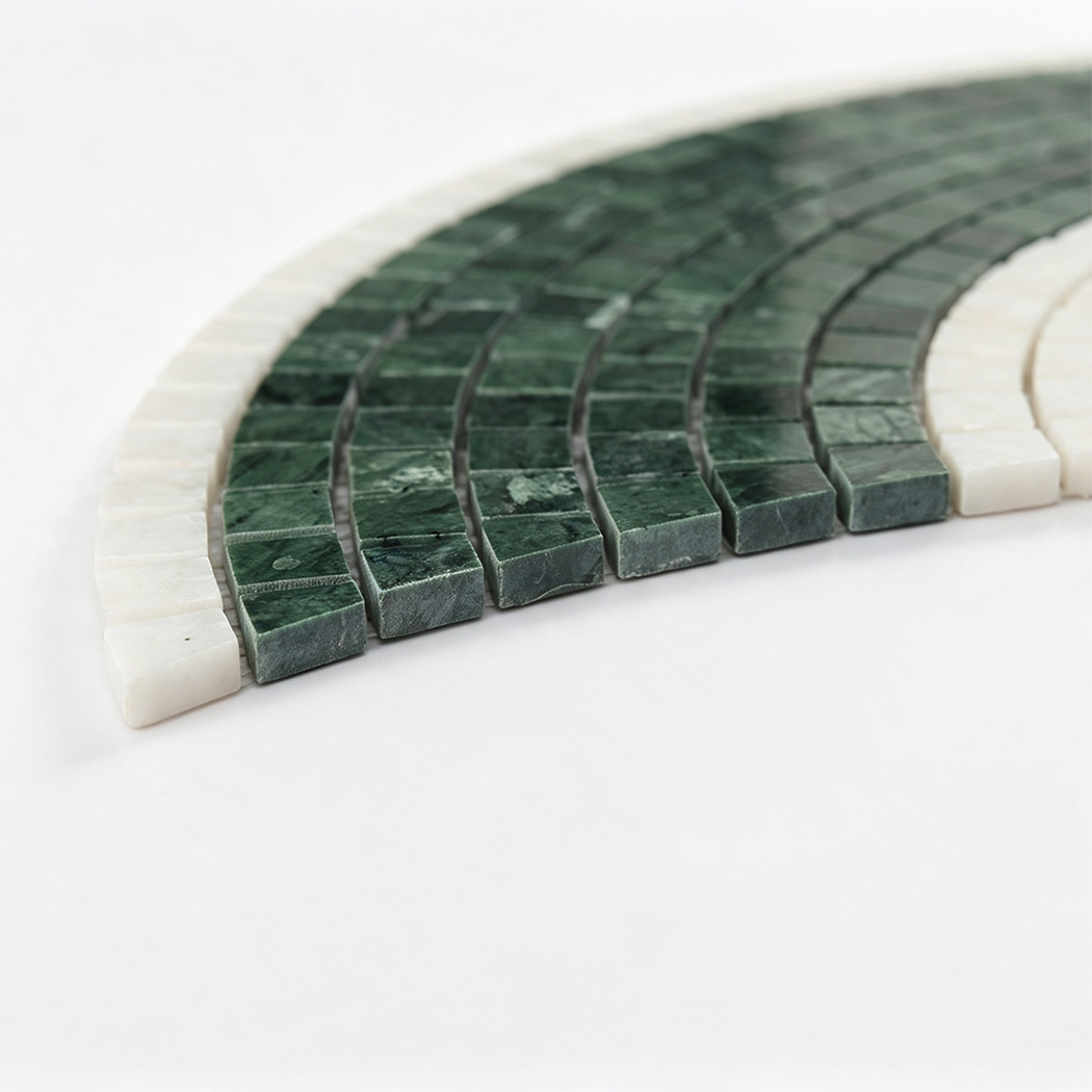 Side view showing the thickness of green and white fan shaped marble mosaic tile