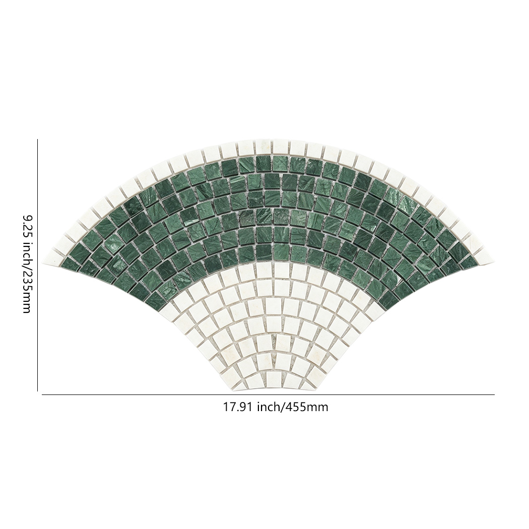 Green and white fan shaped marble mosaic tile with 17.91 by 9.25 inch dimensions