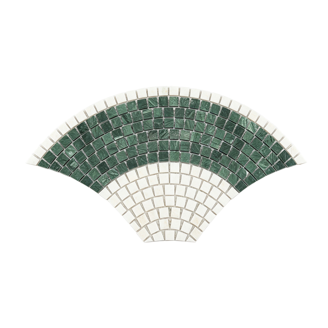 Green and white fan shaped marble mosaic tile in a curved geometric pattern