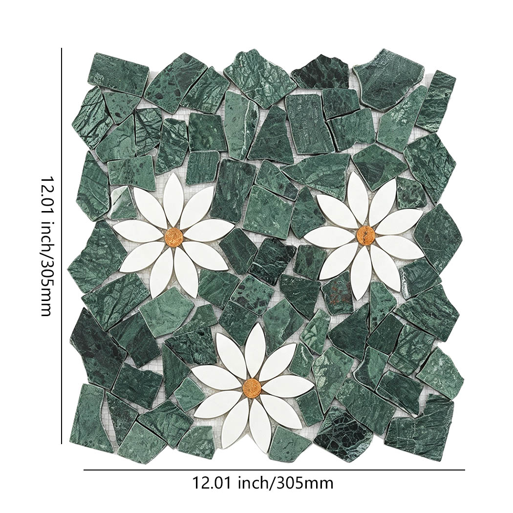Green marble mosaic tile with white floral inlays and 12 by 12 inch dimensions