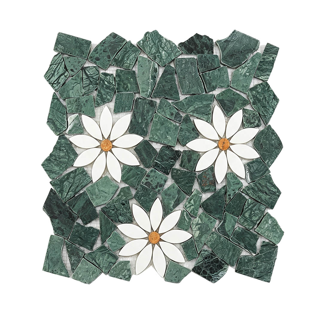 Green irregular marble mosaic tile with three white flower designs