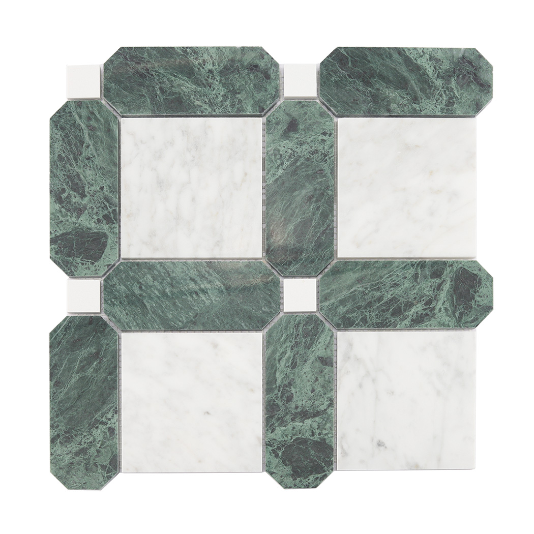 Full sheet view of green and white framed square marble mosaic tile