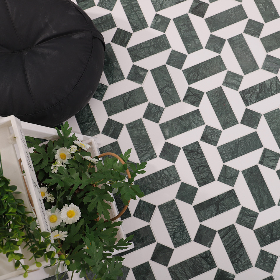 Green White Geometric Floor Tiles