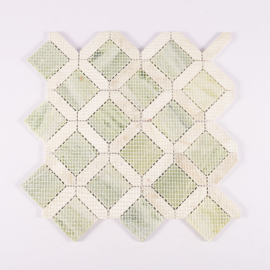 Back mesh view of green and white marble mosaic tile sheet