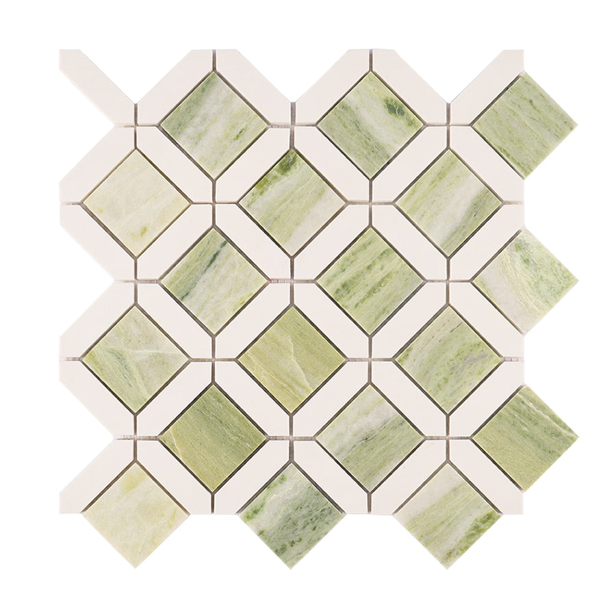 Full sheet of green and white square marble mosaic tile
