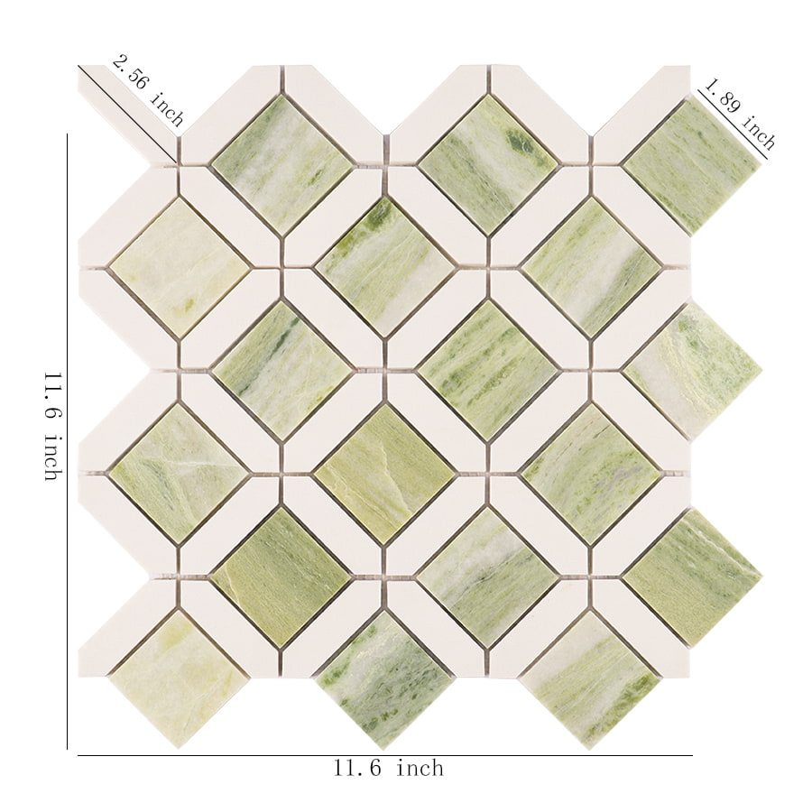 Green and white square marble mosaic tile with size measurements