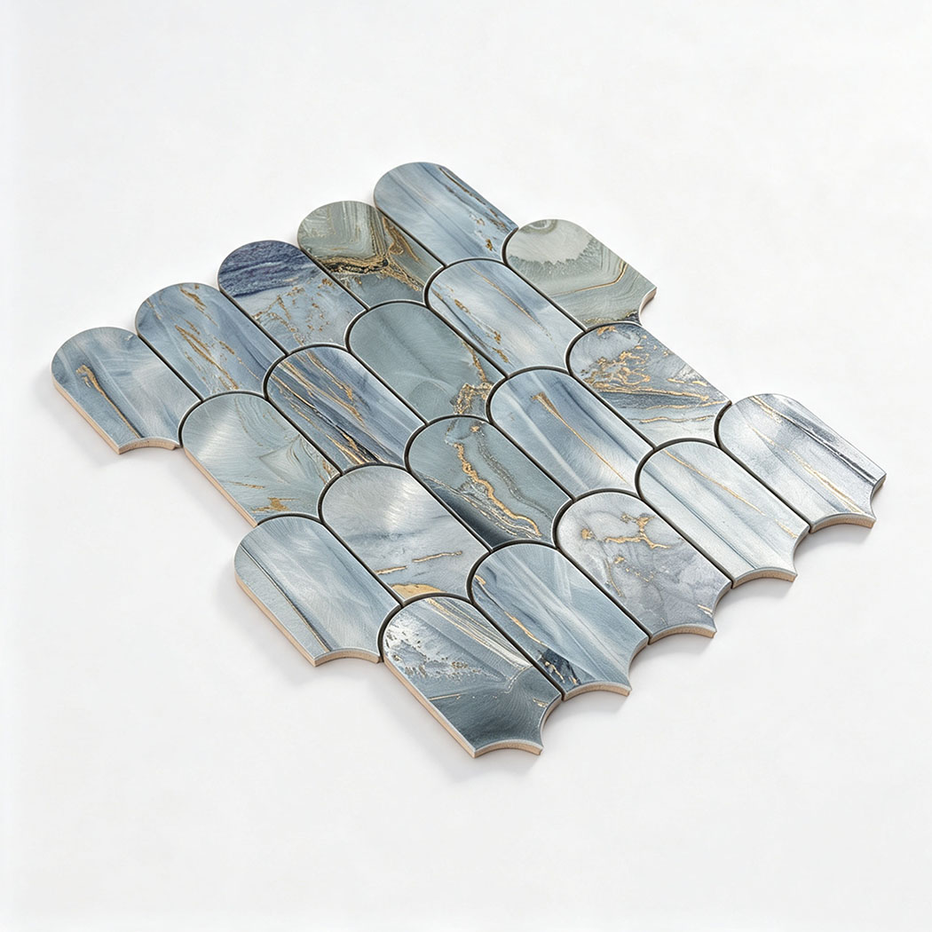 Angled perspective view of grey blue gold fish scale tile sheet