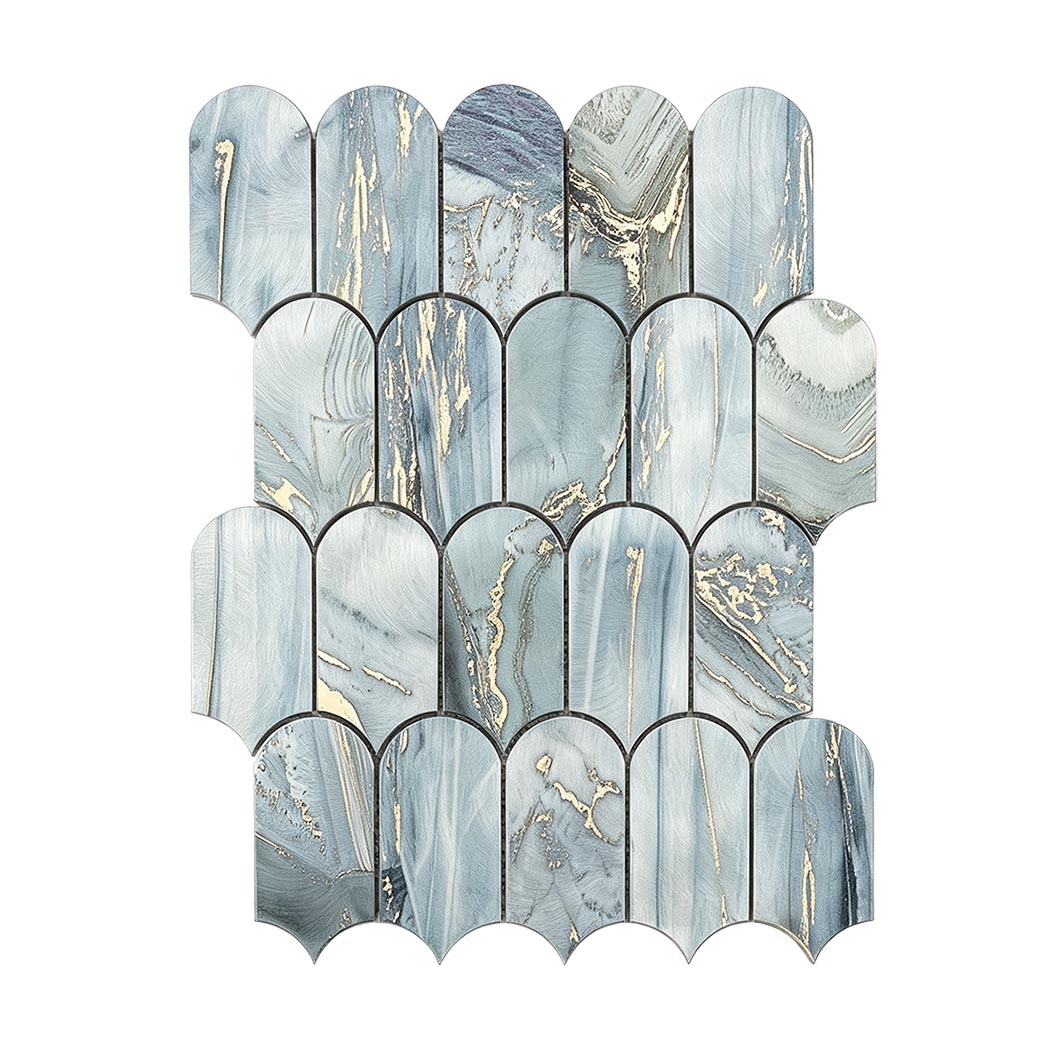 Front view of grey blue gold fish scale aluminum wall tile sheet