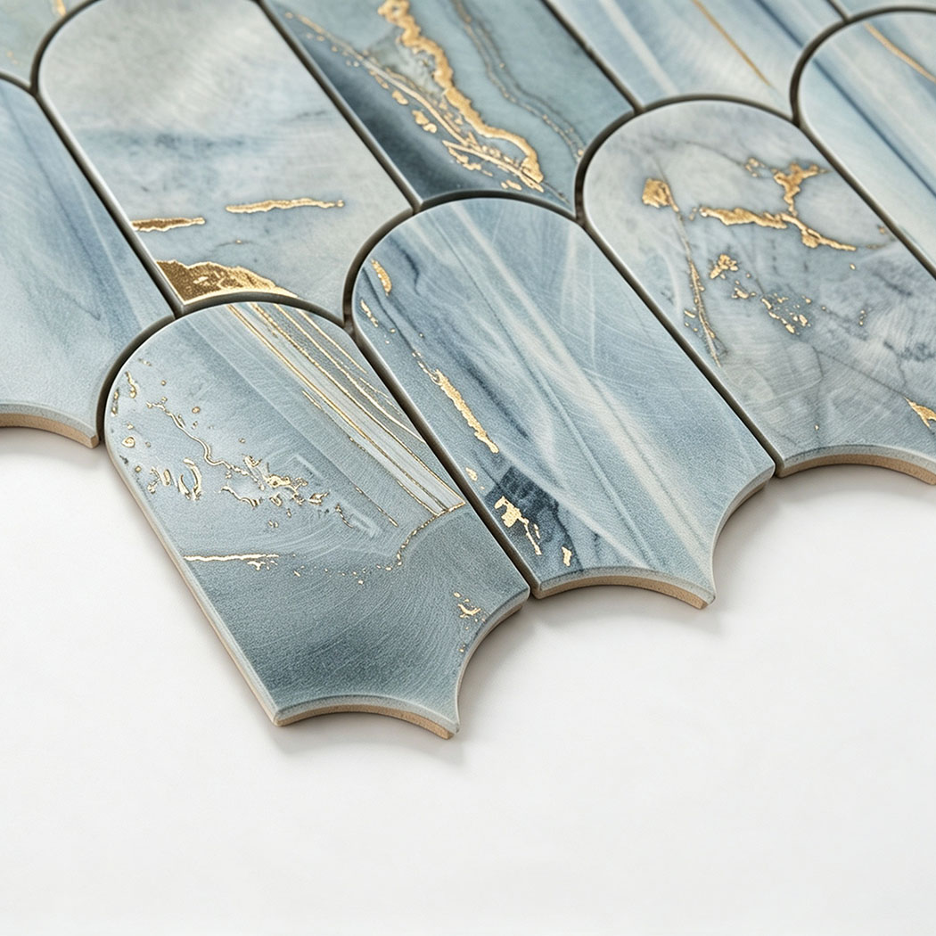 Side view of bottom curved edge on grey blue fish scale tile