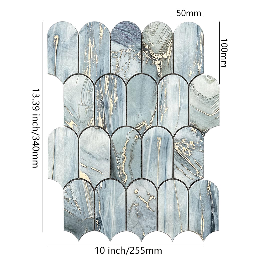 Dimension diagram of grey blue gold fish scale aluminum mosaic sheet