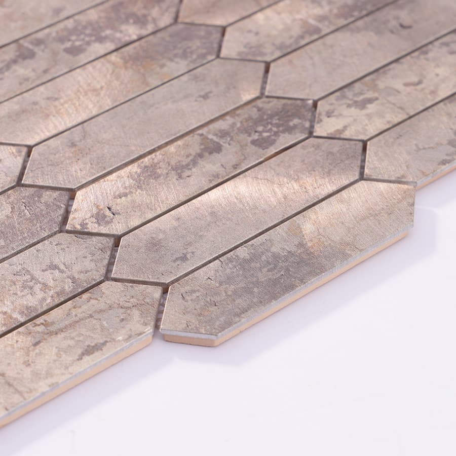 Close-up of grey picket aluminum mosaic tile edge details