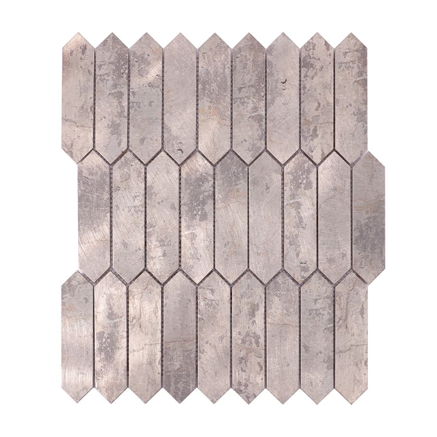Front view of grey picket aluminum mosaic tile sheet