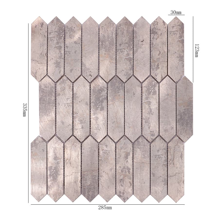 Grey picket aluminum mosaic tile sheet with size measurements