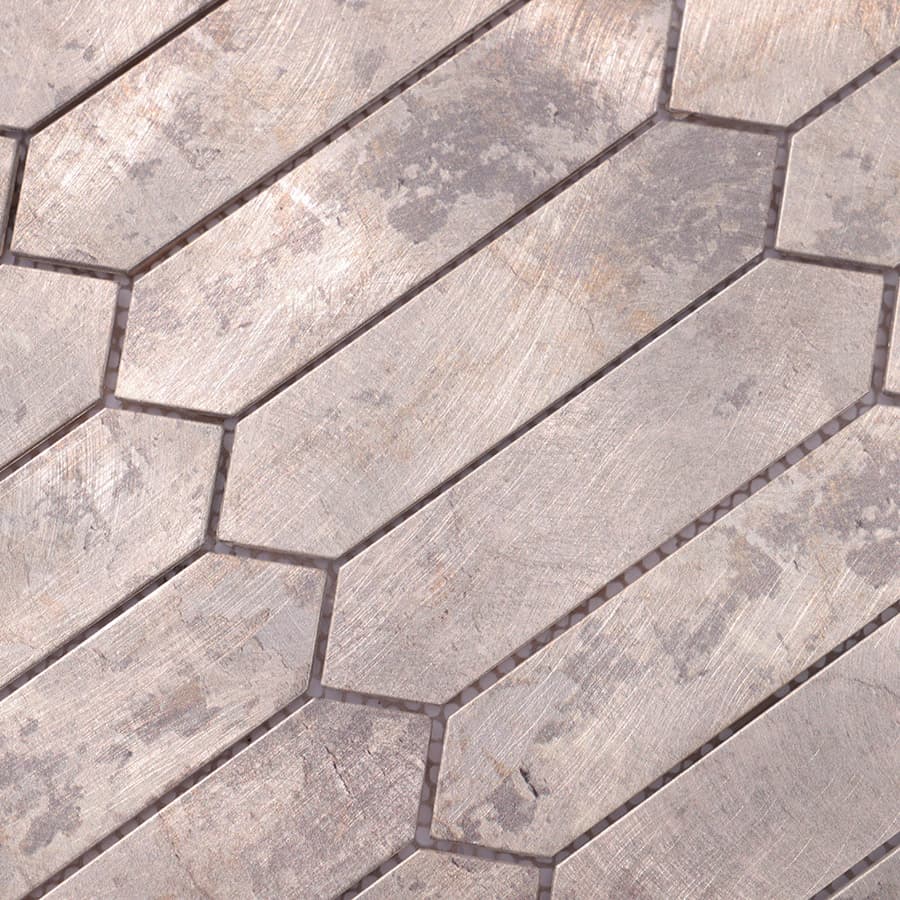 Close-up of grey picket aluminum mosaic tile surface details