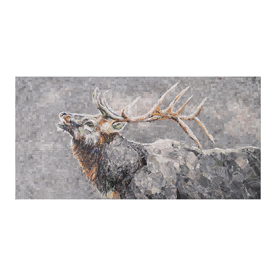 A full view of a grey marble mosaic mural depicting a stag with detailed antlers.