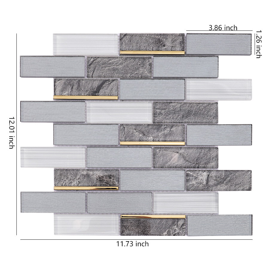 Grey white gold line rectangle subway glass mosaic tile with size measurements