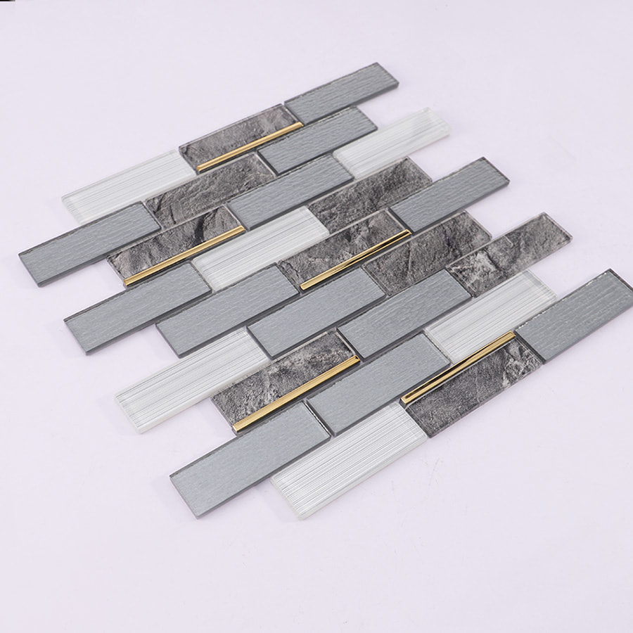 Angled layout of grey white gold line rectangle subway glass mosaic tile sheet