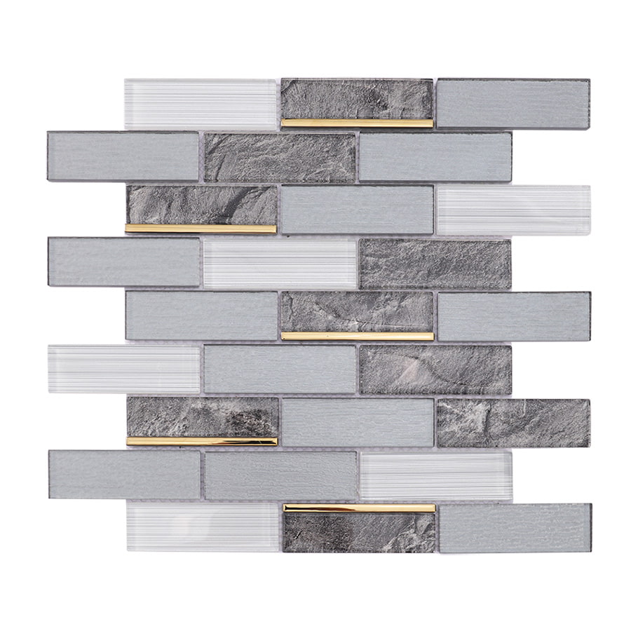 Front view of grey white gold line subway glass mosaic tile with mixed finishes