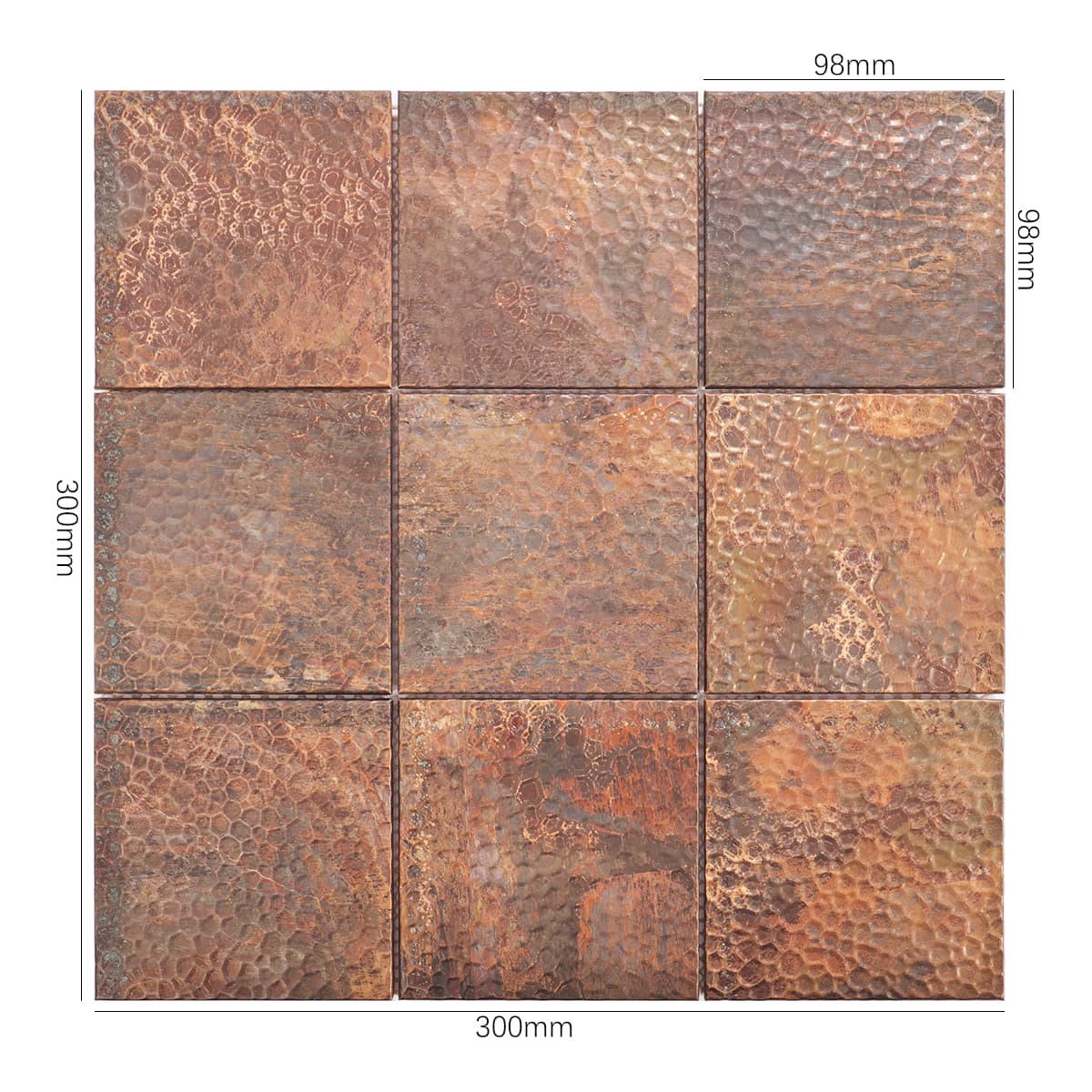 Vintage hammered copper mosaic with natural patina finish