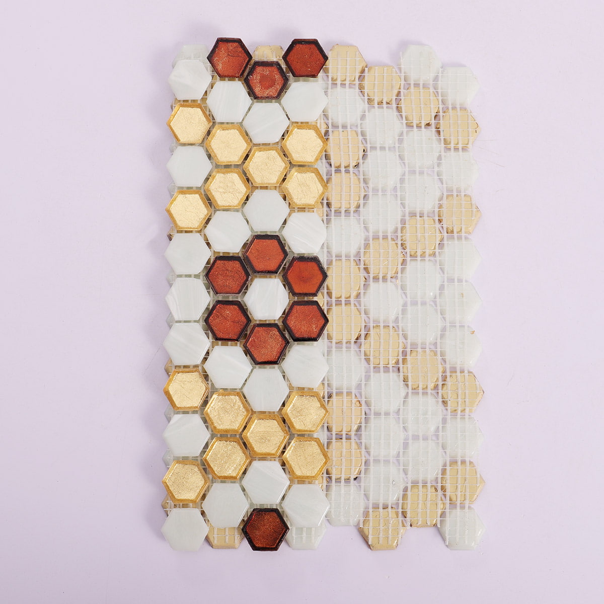 White and gold hexagon glass mosaic tile with mesh backing