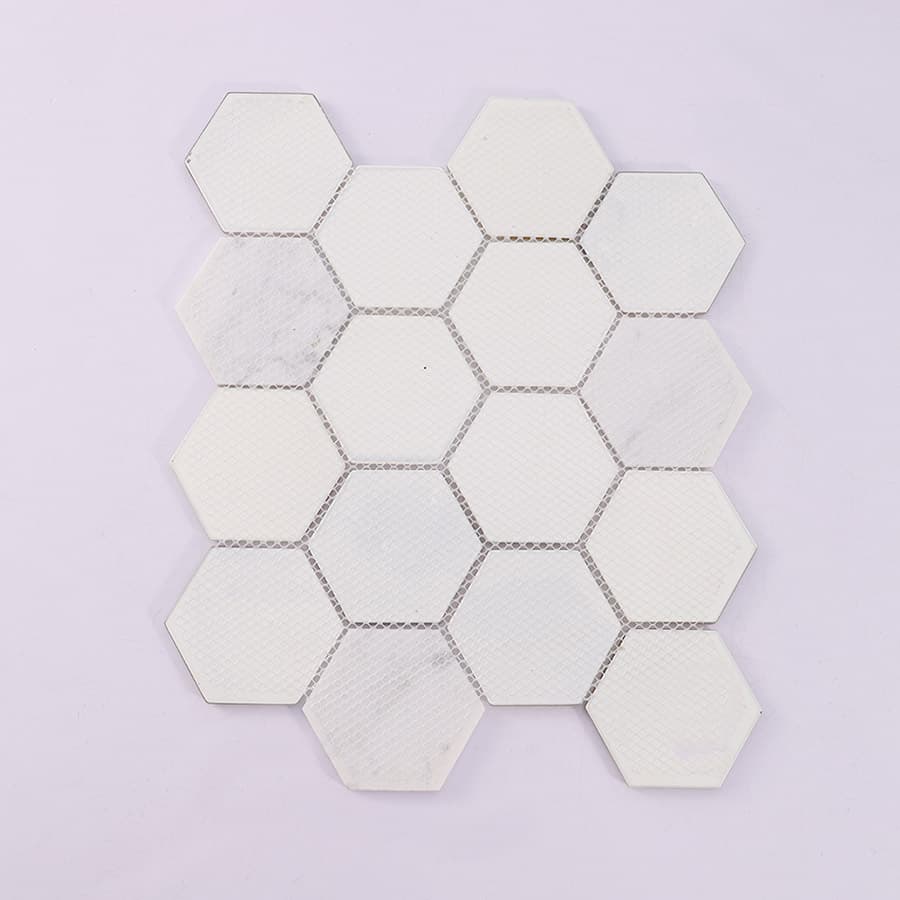 Back side of hexagon glass mosaic tile sheet with mesh backing