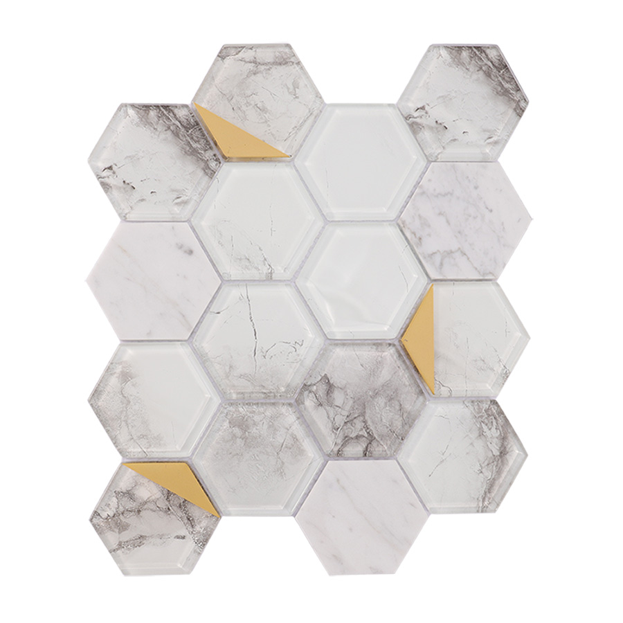 Front view of hexagon marble and gold accent mosaic tile sheet.