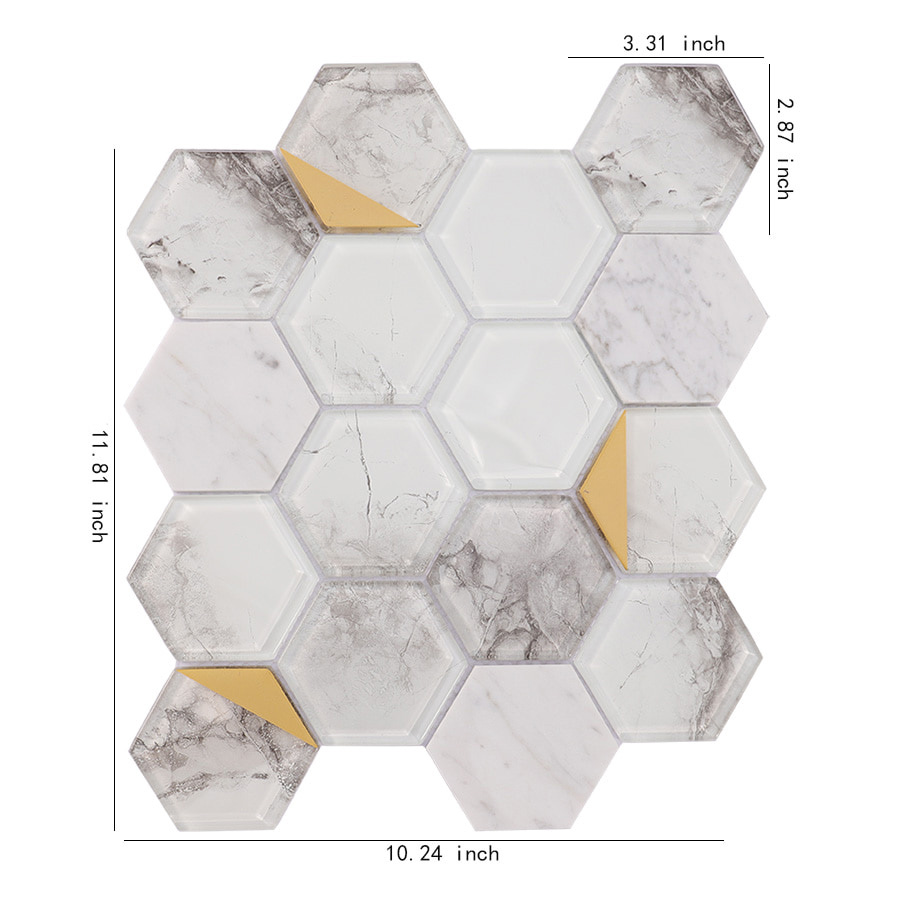 Hexagon Marble and Glass Wall Mosaic Tile with Gold Accent for Modern Interiors