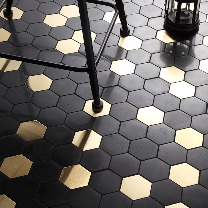 Elegant Hexagonal Black Marble with Gold Metal Mosaic Floor Tiles