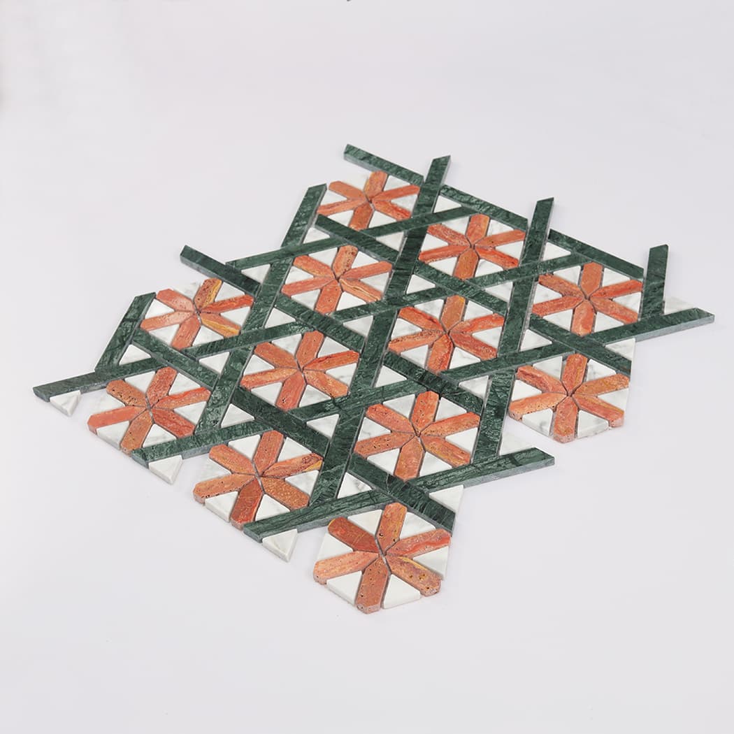 A perspective shot from above showing the full pattern of the stone mosaic tile.