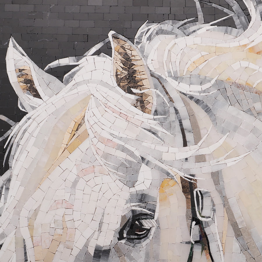 Close-up of white horse mosaic ear and flowing mane tilework